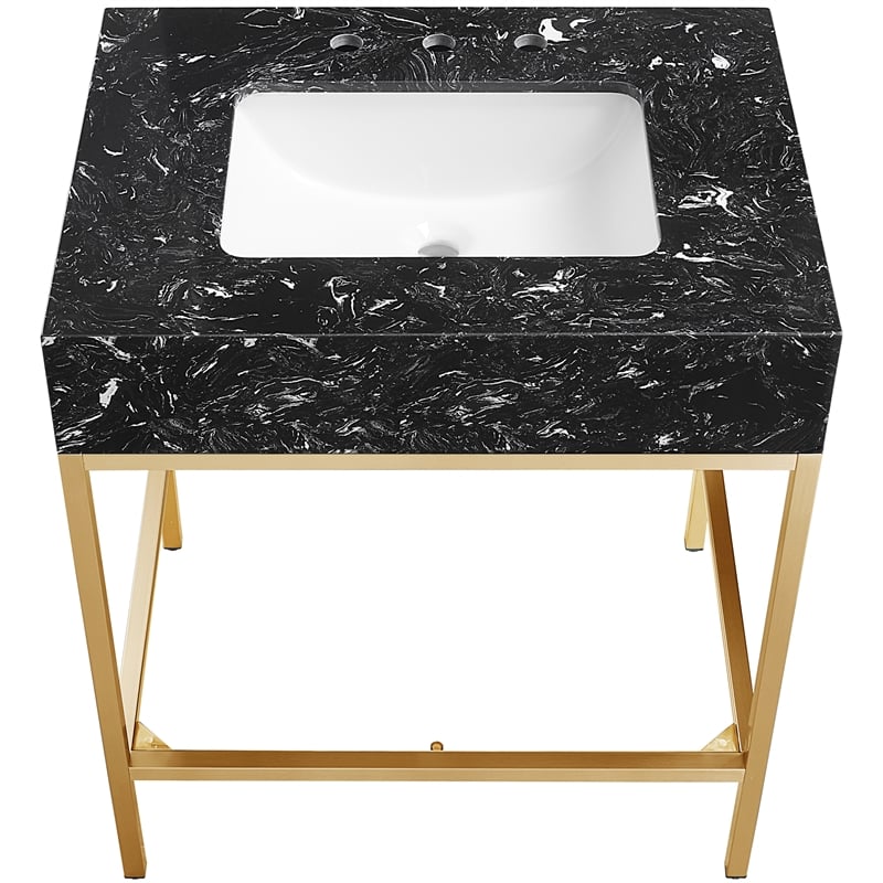 Maklaine Contemporary White Artificial Marble Bathroom Vanity