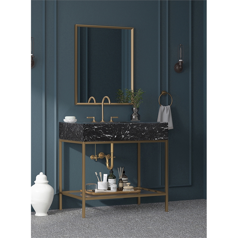 Maklaine Contemporary Black Artificial Marble Bathroom Vanity