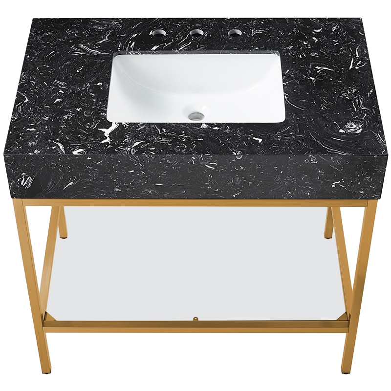 Maklaine Contemporary Black Artificial Marble Bathroom Vanity