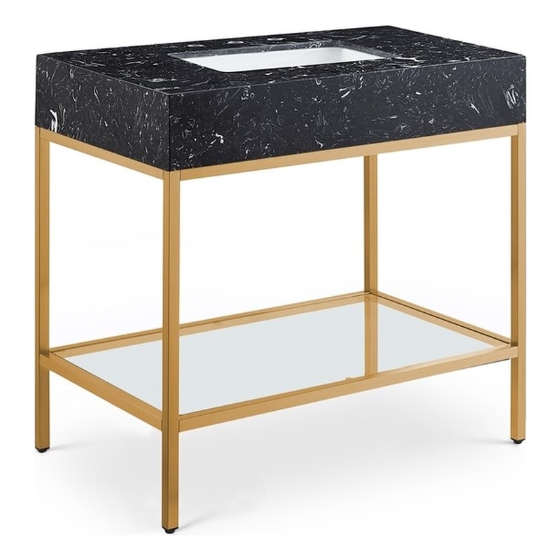 Maklaine Contemporary Black Artificial Marble Bathroom Vanity