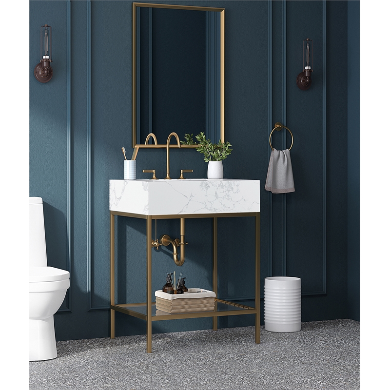 Maklaine Contemporary White Artificial Marble Bathroom Vanity