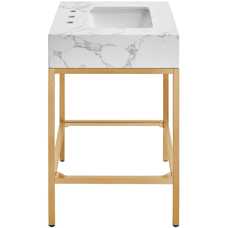 Maklaine Contemporary White Artificial Marble Bathroom Vanity