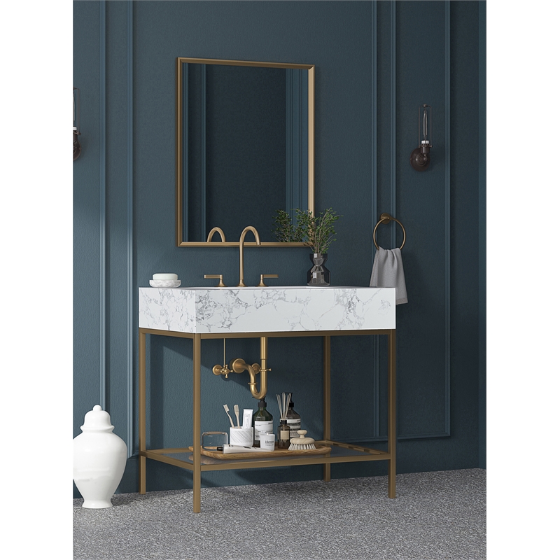 Maklaine Contemporary White Artificial Marble Bathroom Vanity