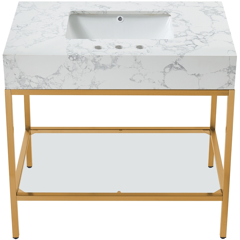 Maklaine Contemporary White Artificial Marble Bathroom Vanity