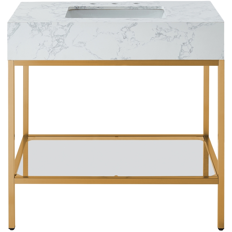 Maklaine Contemporary White Artificial Marble Bathroom Vanity