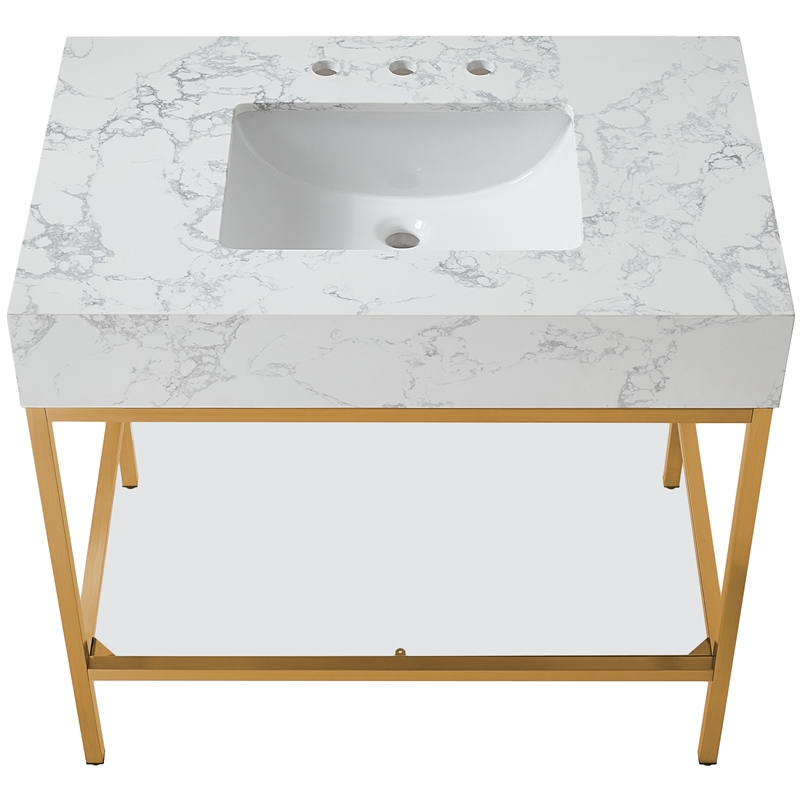 Maklaine Contemporary White Artificial Marble Bathroom Vanity