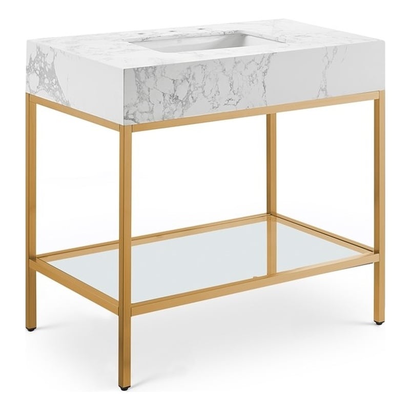 Maklaine Contemporary White Artificial Marble Bathroom Vanity