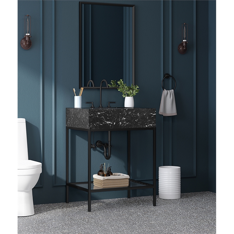 Maklaine Contemporary Black Artificial Marble Bathroom Vanity