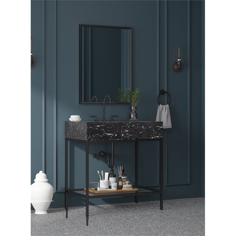 Maklaine Contemporary Black Artificial Marble Bathroom Vanity