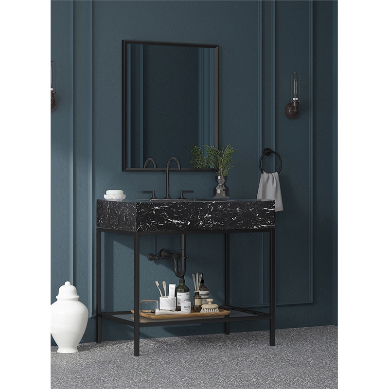Maklaine Contemporary Black Artificial Marble Bathroom Vanity