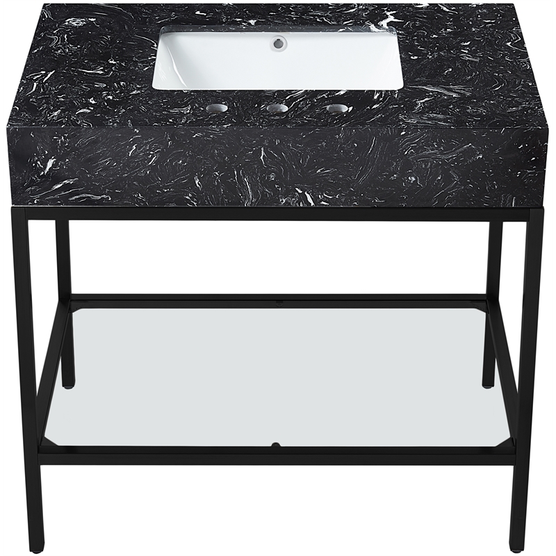 Maklaine Contemporary Black Artificial Marble Bathroom Vanity