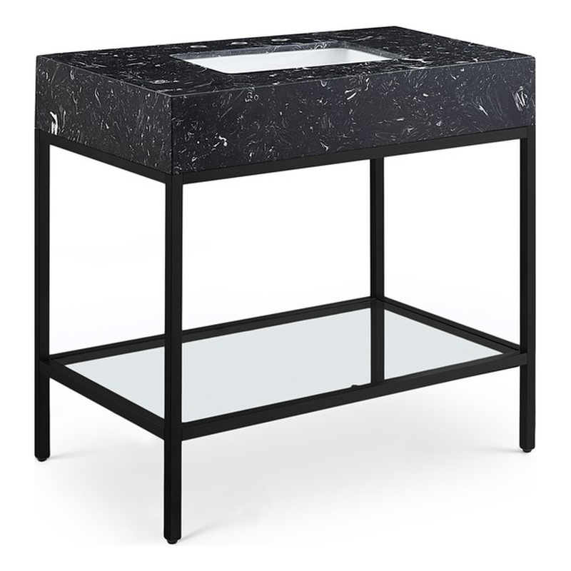 Maklaine Contemporary Black Artificial Marble Bathroom Vanity