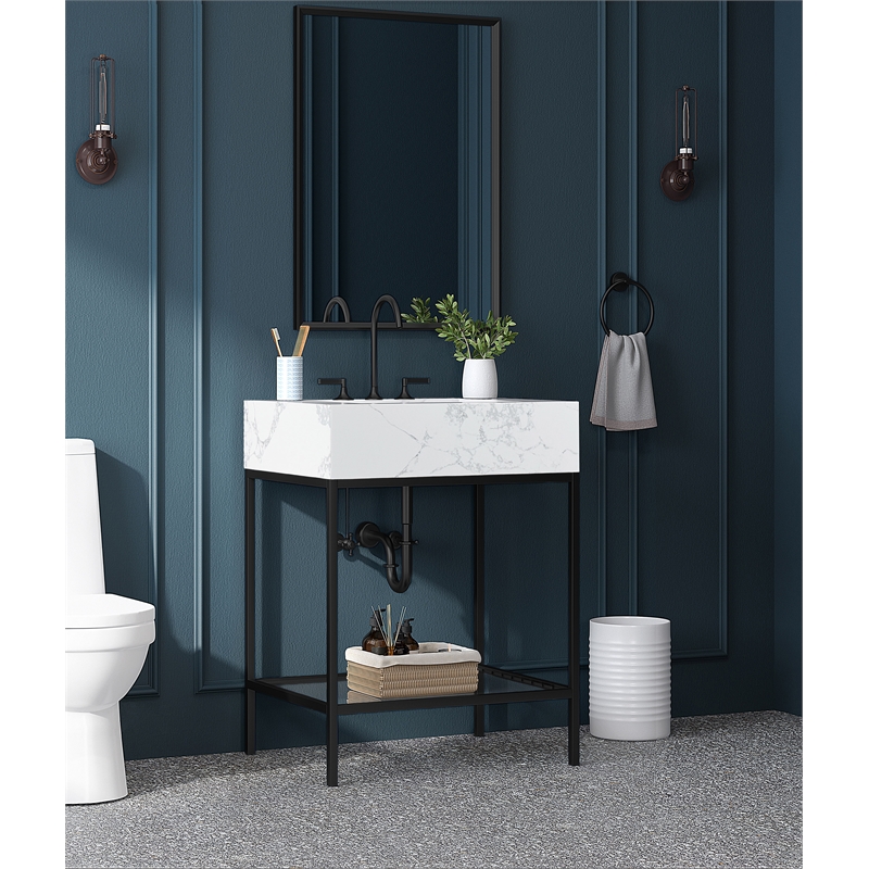 Maklaine Contemporary White Artificial Marble Bathroom Vanity