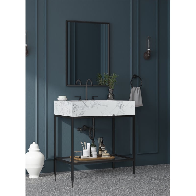 Maklaine Contemporary Black Artificial Marble Bathroom Vanity