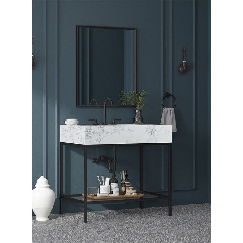 Maklaine Contemporary White Artificial Marble Bathroom Vanity