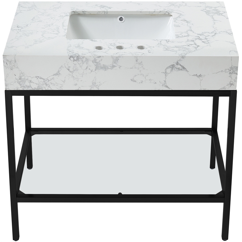 Maklaine Contemporary White Artificial Marble Bathroom Vanity