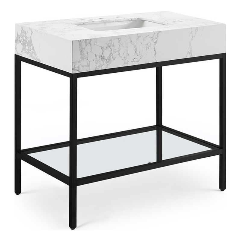 Maklaine Contemporary White Artificial Marble Bathroom Vanity