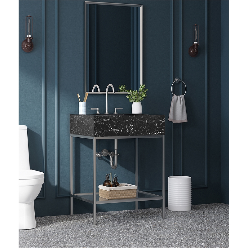 Maklaine Contemporary Black Artificial Marble Bathroom Vanity