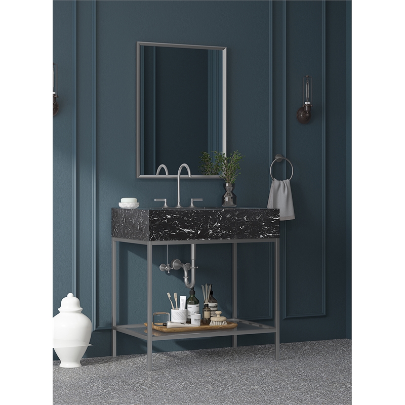 Maklaine Contemporary White Artificial Marble Bathroom Vanity