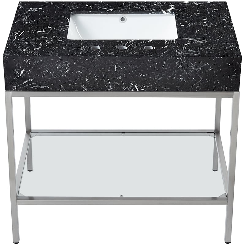 Maklaine Contemporary Black Artificial Marble Bathroom Vanity