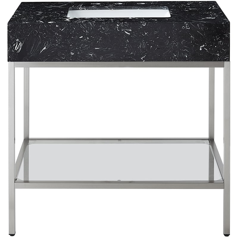 Maklaine Contemporary Black Artificial Marble Bathroom Vanity
