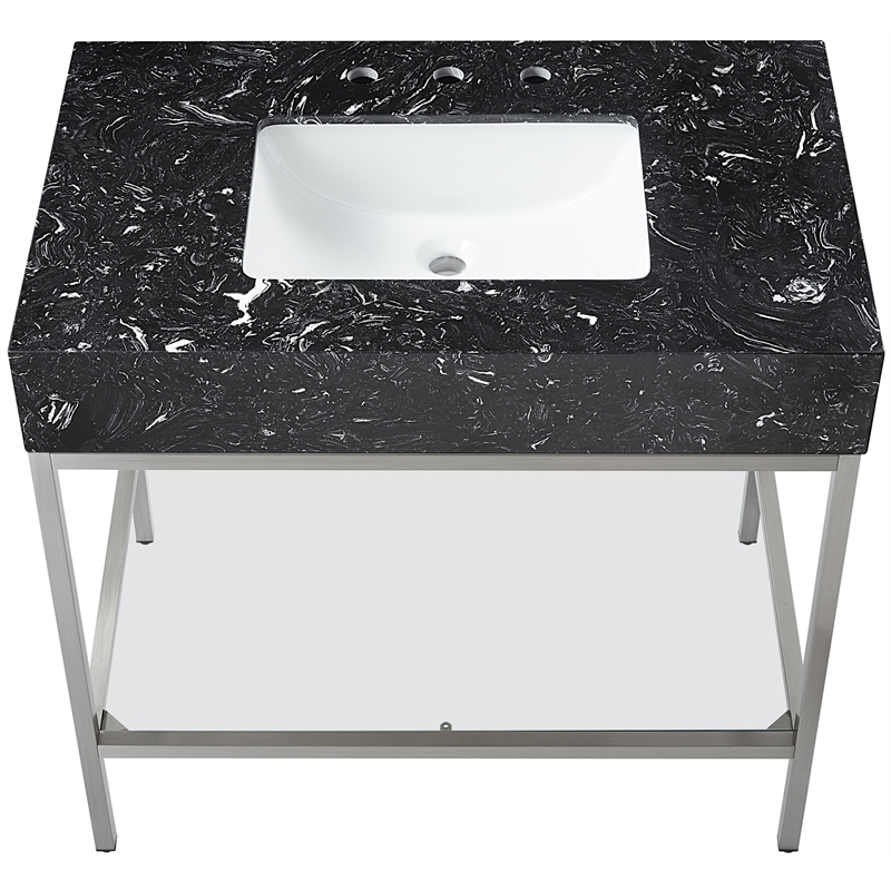 Maklaine Contemporary Black Artificial Marble Bathroom Vanity