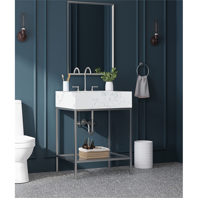 Maklaine Contemporary White Artificial Marble Bathroom Vanity