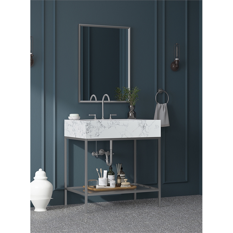 Maklaine Contemporary White Artificial Marble Bathroom Vanity