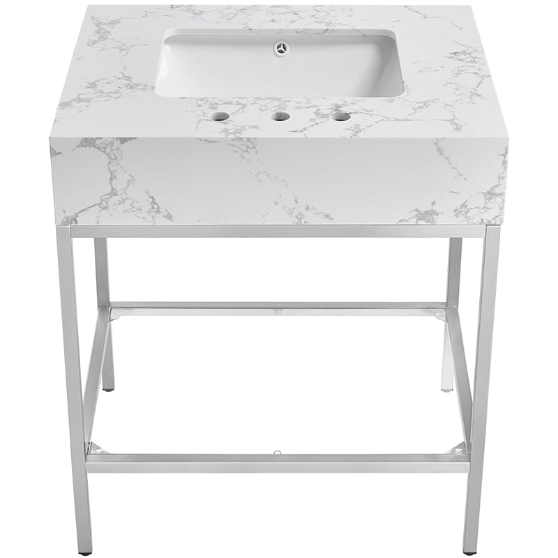 Maklaine Contemporary White Artificial Marble Bathroom Vanity