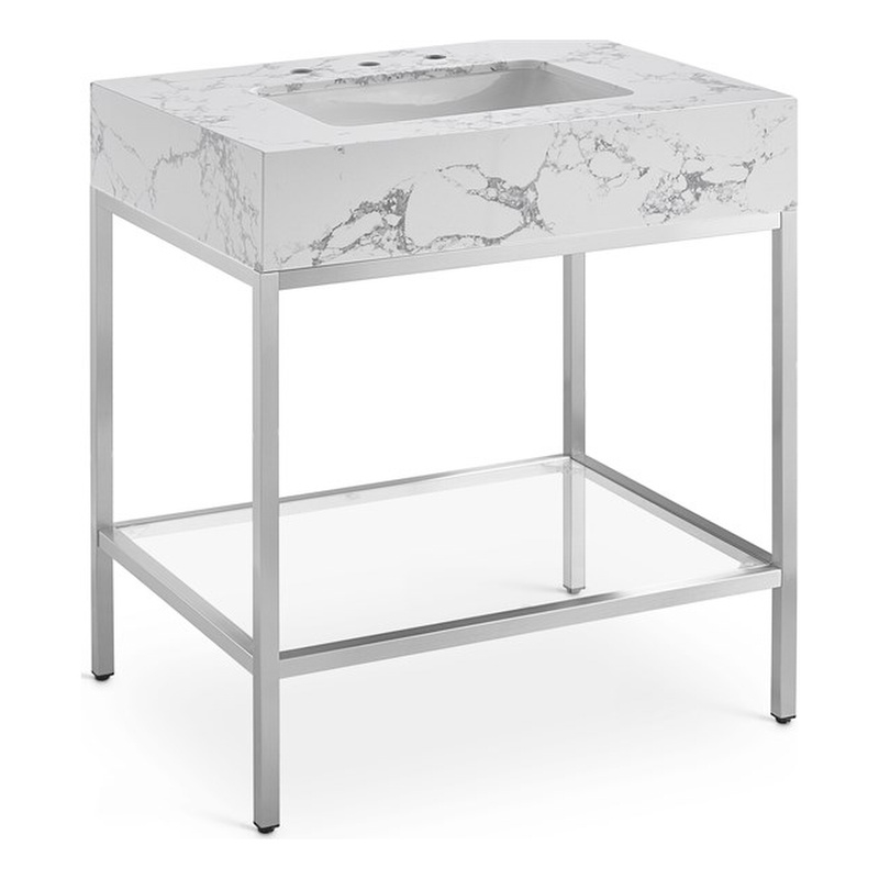 Maklaine Contemporary White Artificial Marble Bathroom Vanity