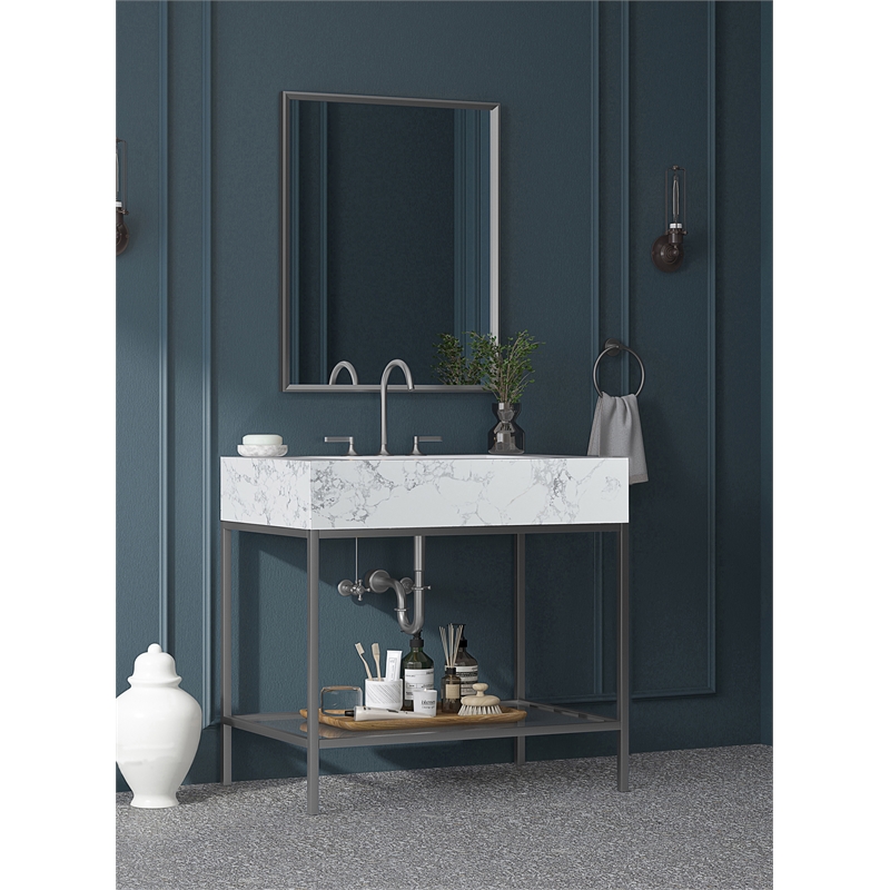 Maklaine Contemporary White Artificial Marble Bathroom Vanity