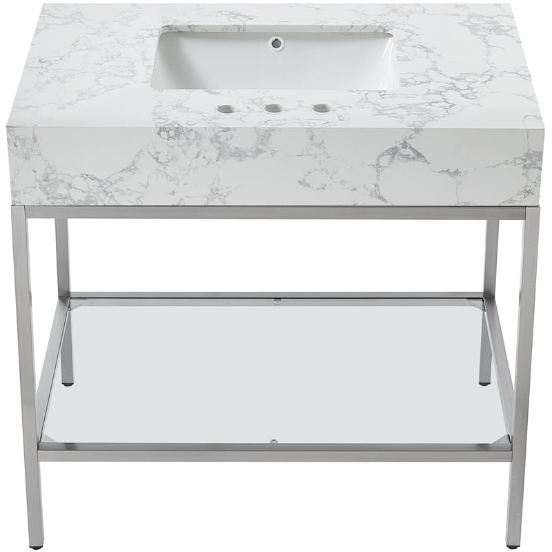 Maklaine Contemporary White Artificial Marble Bathroom Vanity