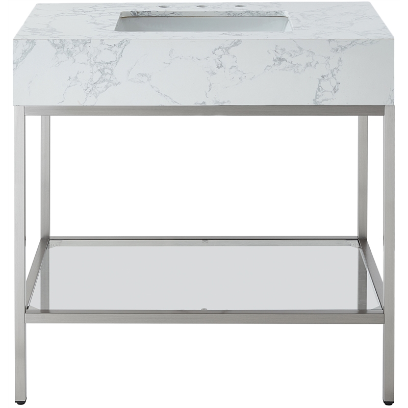 Maklaine Contemporary White Artificial Marble Bathroom Vanity