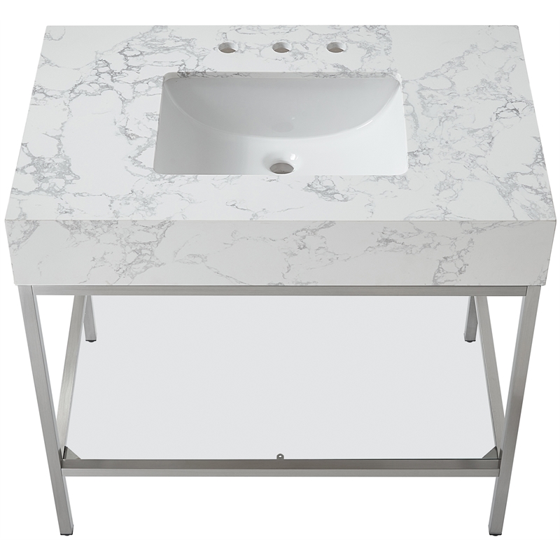 Maklaine Contemporary White Artificial Marble Bathroom Vanity