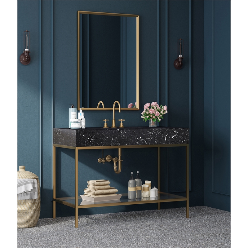Maklaine Contemporary Black Artificial Marble Bathroom Vanity