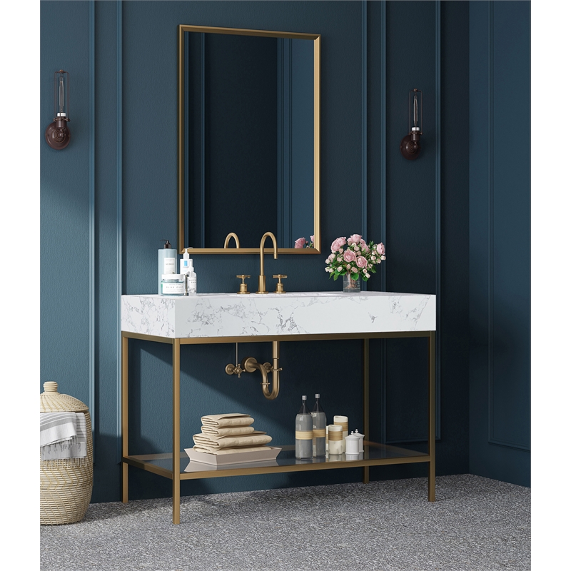 Maklaine Contemporary White Artificial Marble Bathroom Vanity