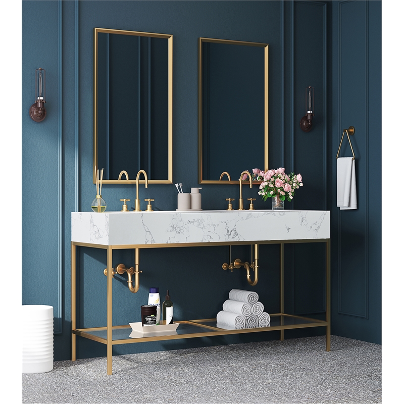 Maklaine Contemporary White Artificial Marble Bathroom Vanity