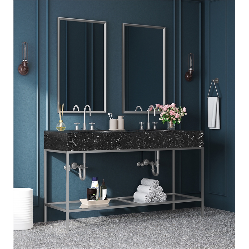 Maklaine Contemporary Black Artificial Marble Bathroom Vanity