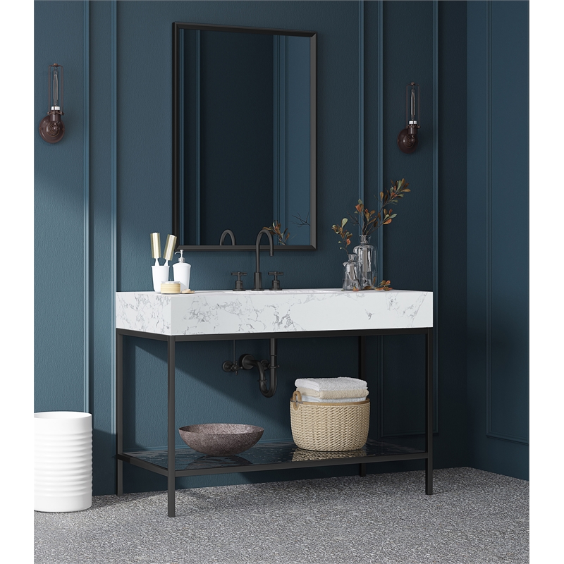Maklaine Contemporary White Artificial Marble Bathroom Vanity