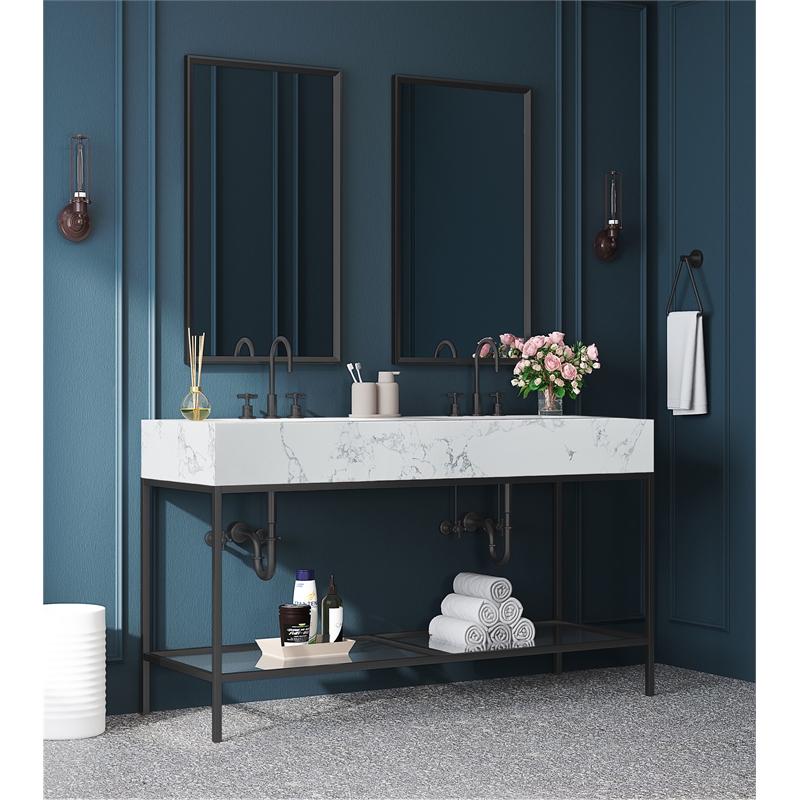 Maklaine Contemporary White Artificial Marble Bathroom Vanity