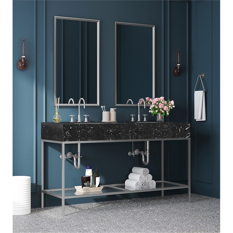 Maklaine Contemporary Black Artificial Marble Bathroom Vanity