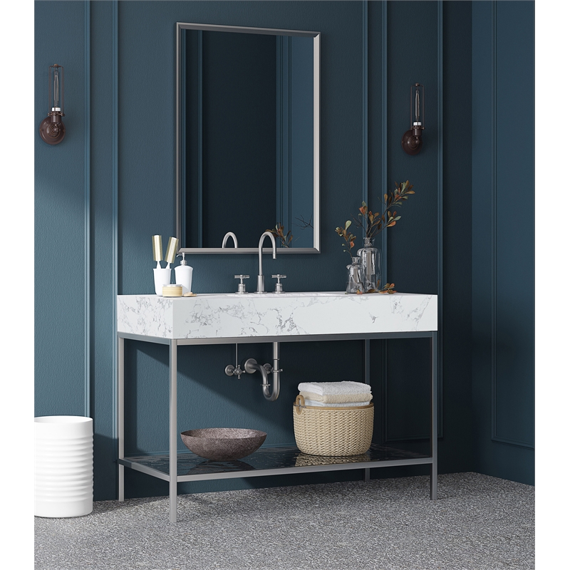 Maklaine Contemporary White Artificial Marble Bathroom Vanity