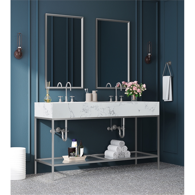 Maklaine Contemporary White Artificial Marble Bathroom Vanity