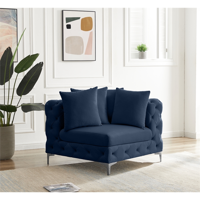 Maklaine Modern / Contemporary Navy Finish Velvet Corner Chair