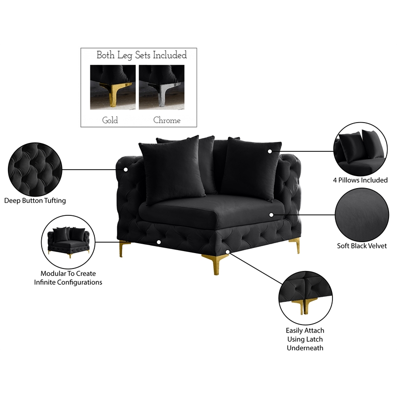 Maklaine Modern / Contemporary Black Finish Velvet Corner Chair