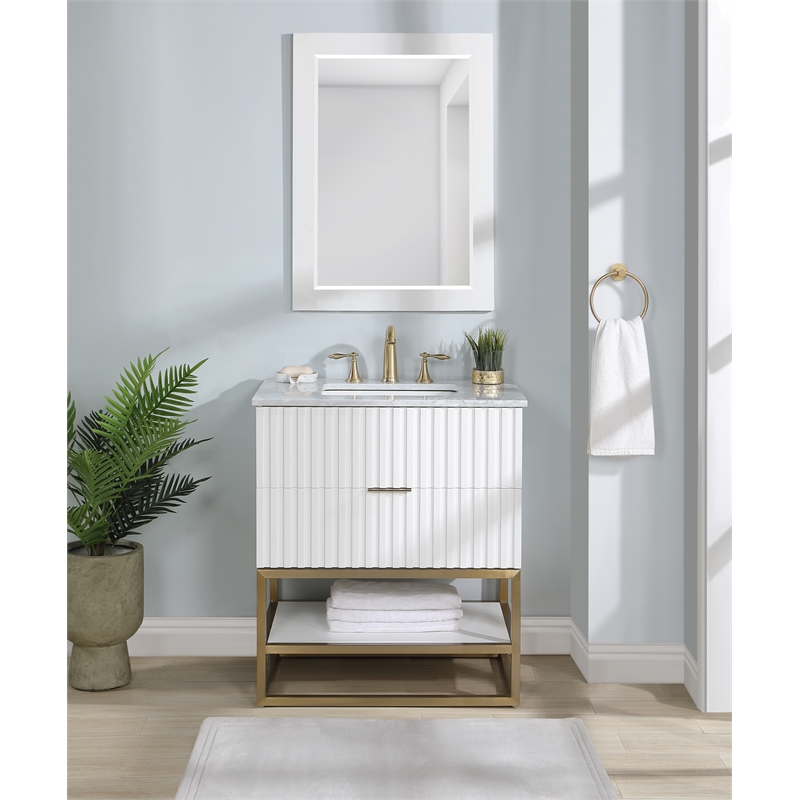 Maklaine Modern / Contemporary Rich White Finish Bathroom Vanity
