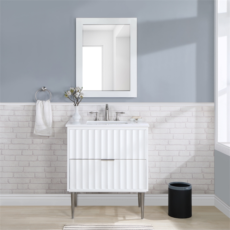 Maklaine Modern / Contemporary Rich White Finish Bathroom Vanity