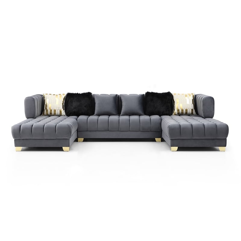 Maklaine Modern U-Shaped Velvet Sectional Sofa with 6 Pillows in Gray