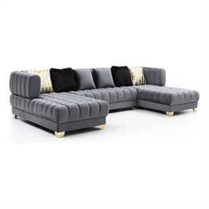 Maklaine Modern U-Shaped Velvet Sectional Sofa with 6 Pillows in Gray