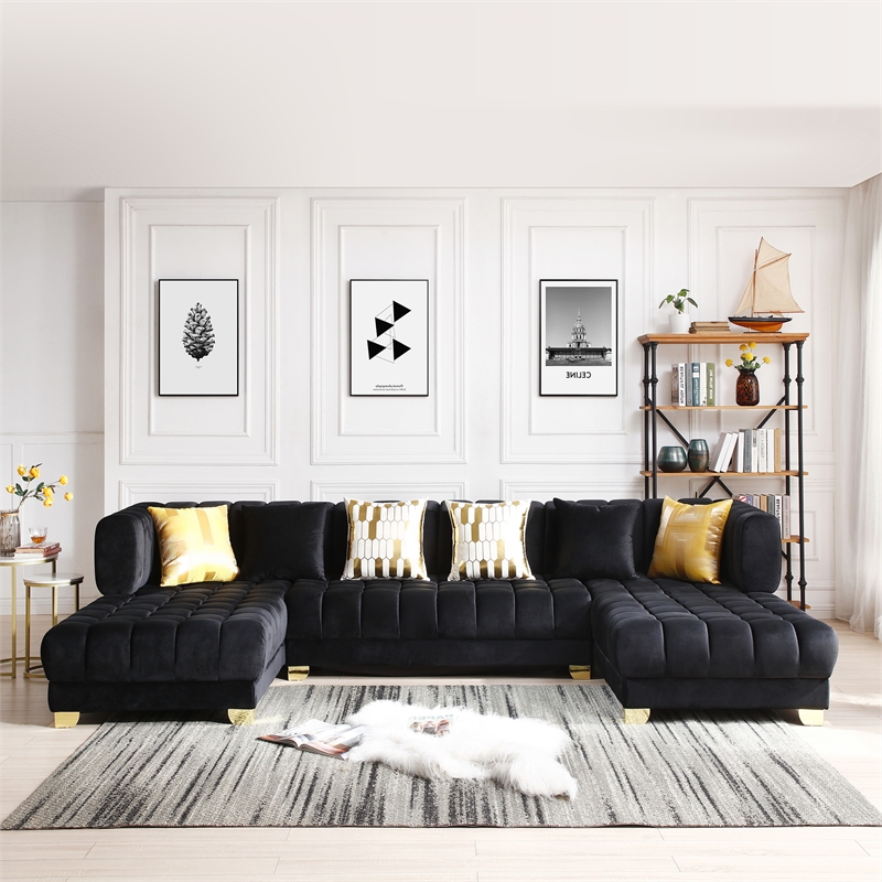 Maklaine Modern U-Shaped Velvet Sectional Sofa with 6 Pillows in Black